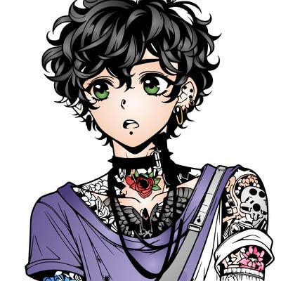 teen anime boy with curly hair  goth shirt lots of tattos and piercings