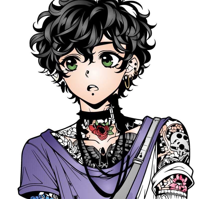 teen anime boy with curly hair  goth shirt lots of tattos and piercings