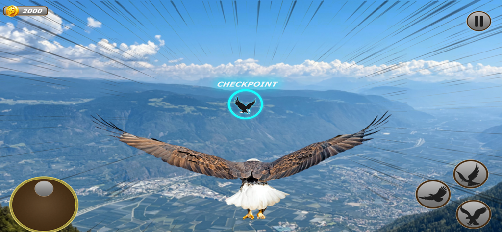 Eagle Simulator - Eagle Games - A bald eagle flying over a vast mountain valley towards a checkpoint in Eagle Simulator.