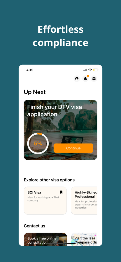 Issa Compass mobile app dashboard showing progress for a Thai DTV visa application and other visa options.