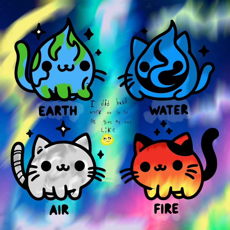 4 cats that represent the different elements, earth, water, air, and fire