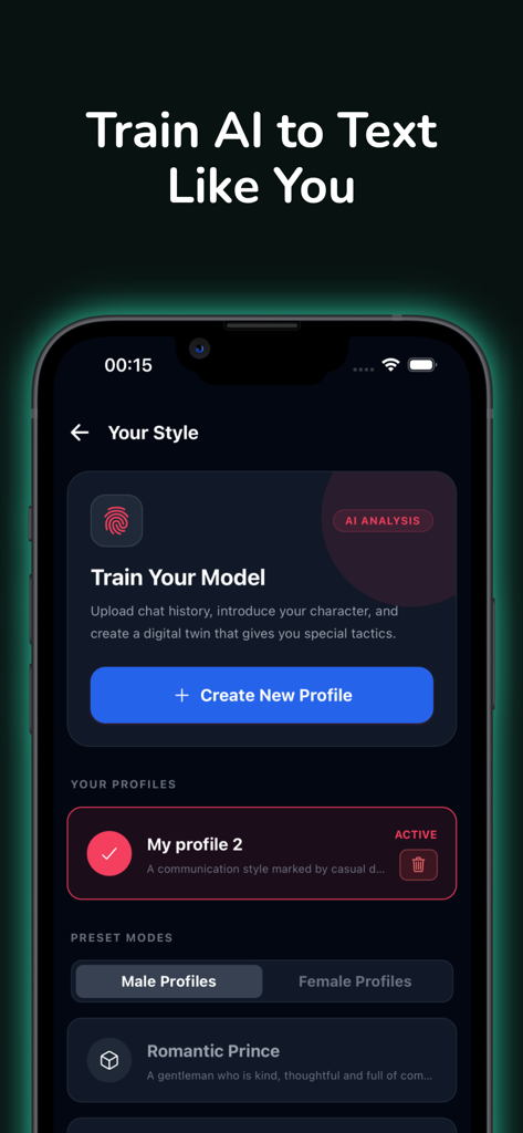 Rizz Dating AI-Flirt Coach - Screen for training AI to text like you with profile customization and preset modes in the Rizz Dating AI app