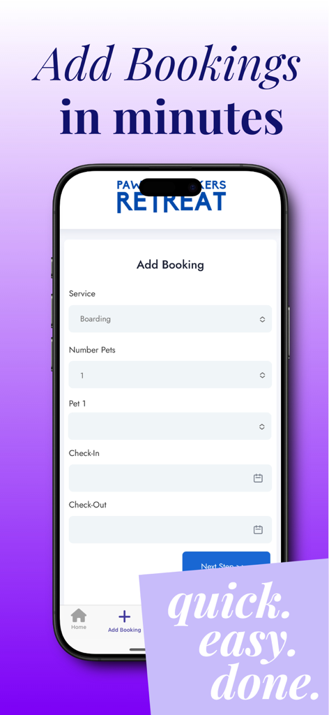 A mobile interface for the KennelBooker app where pet parents can quickly add service bookings for their pets