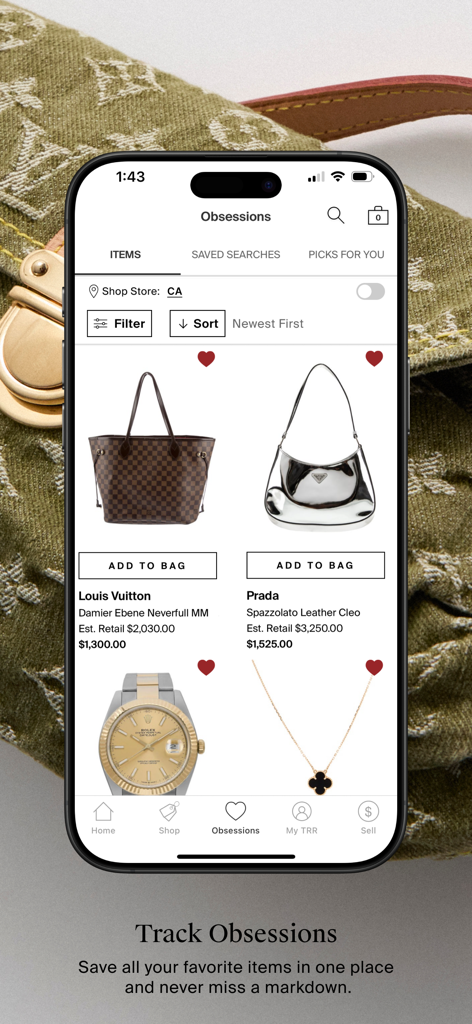 The RealReal - Buy+Sell Luxury - The RealReal mobile app interface showing the Obsessions screen with saved luxury handbags, watches, and jewelry