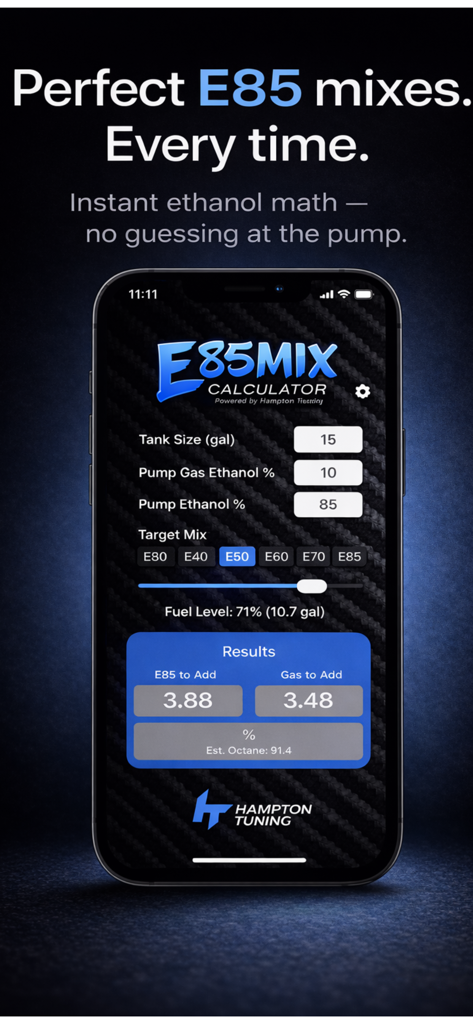 Hampton E85 Mix Calculator - Interface of the Hampton E85 Mix Calculator app showing precise ethanol fuel blend calculations on an iPhone