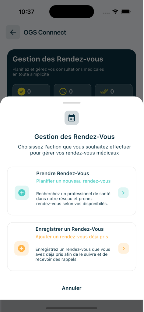 OGS Connect - Tela do aplicativo móvel OGS Connect para gerenciar consultas médicas com opções para agendar uma nova visita ou registrar uma existente