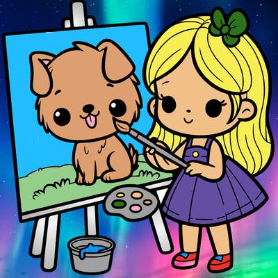 girl painting a dog on a canvas