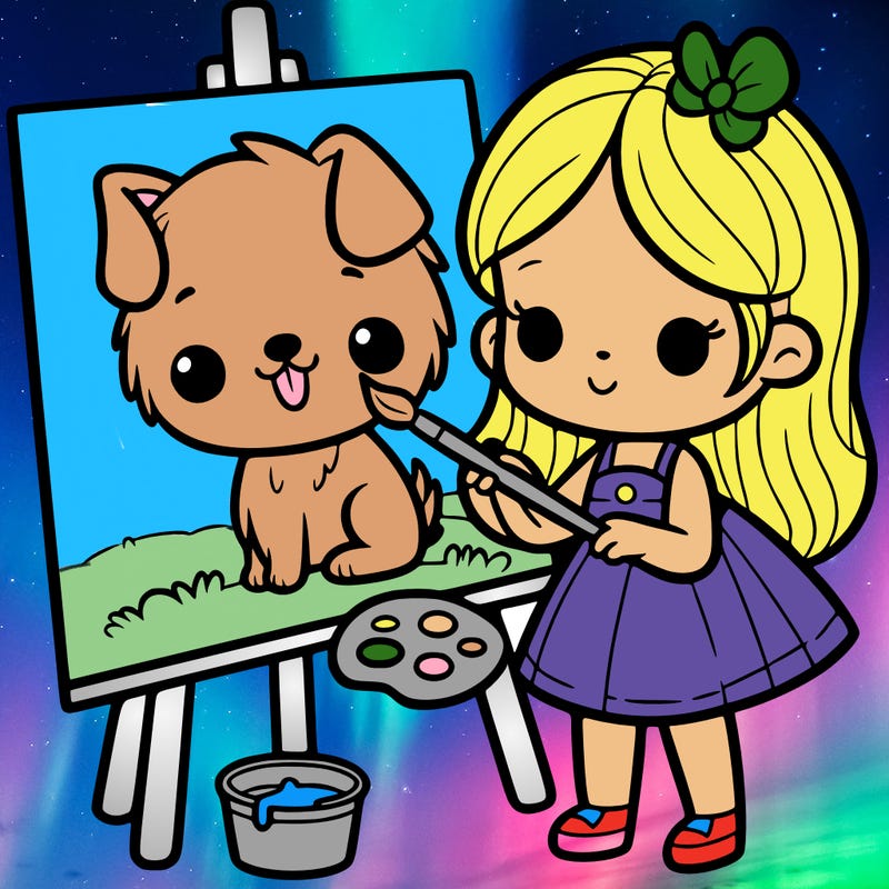 girl painting a dog on a canvas