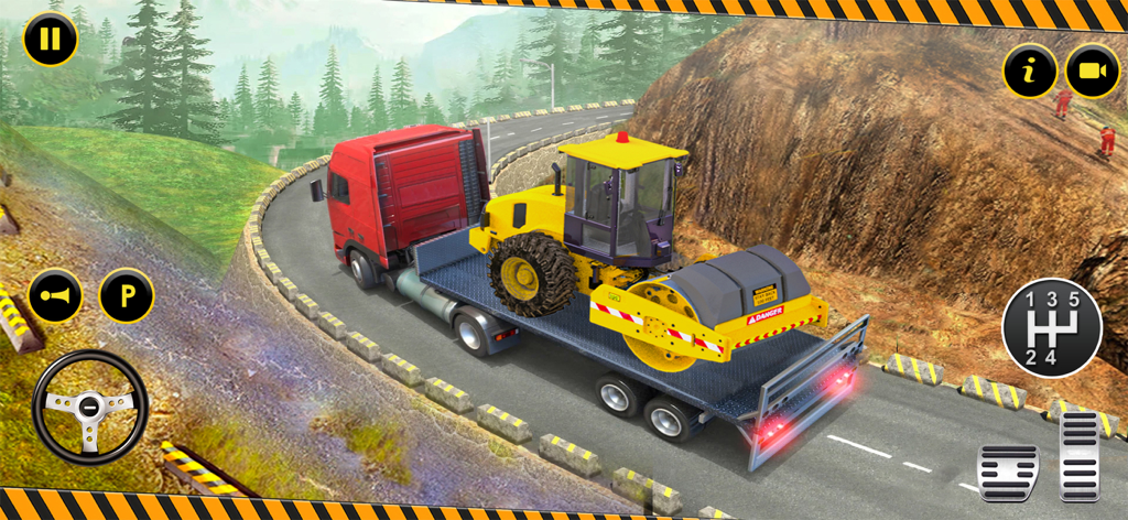 Heavy Construction Truck Games - Um caminhão prancha vermelho transportando um rolo compactador amarelo em uma estrada de montanha sinuosa em um jogo de simulador de construção.