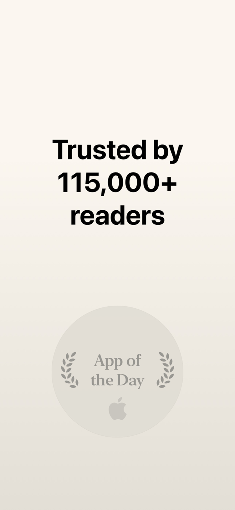 Highlighted app social proof showing over 115000 readers and Apple App of the Day award