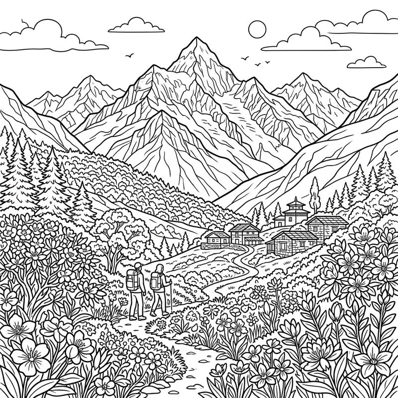 Journey to the heart of the Himalayas this spring with a beautiful coloring page featuring hikers, blooming flowers, and traditional mountain villages. Bring this majestic landscape to life with your favorite colors.