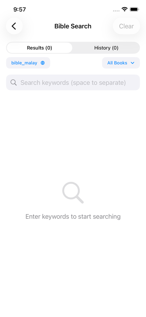 Search interface of the Malaysia Bible mobile app showing a keyword search bar and filter options for bible books