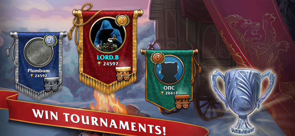 Backgammon Masters - Banners de la tabla de clasificación que muestran a los mejores jugadores y un trofeo de plata con un banner que dice Gana Torneos.