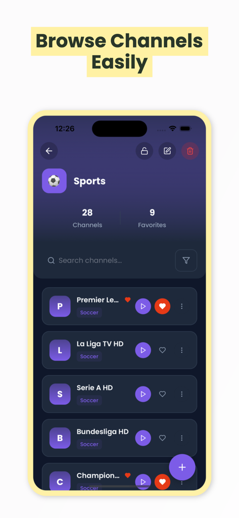 Buz Player app interface showing a list of sports channels including Premier League and La Liga in a modern dark theme