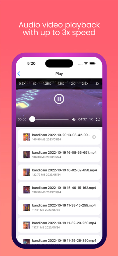 Ctfileアプリの動画再生画面で、再生速度とファイルリストを調整可能