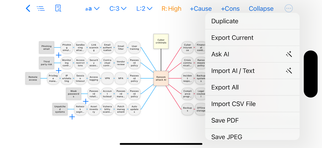 Interfaccia di Risk Analyser Mobile che mostra un diagramma bowtie professionale per la valutazione del rischio ransomware con un menu AI ed esportazione aperto
