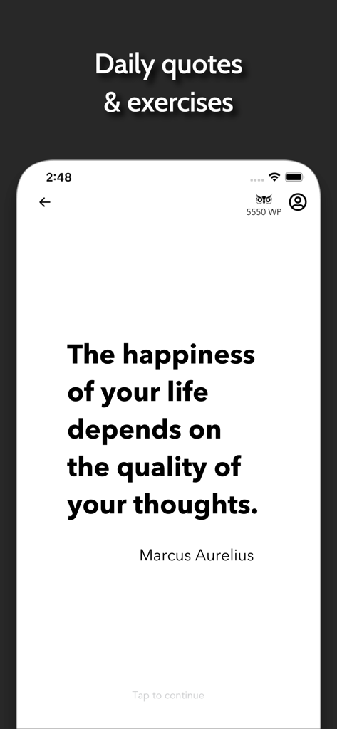 Daily Stoicism by Agora - Daily Stoicism app interface displaying a Marcus Aurelius quote on a minimalist screen