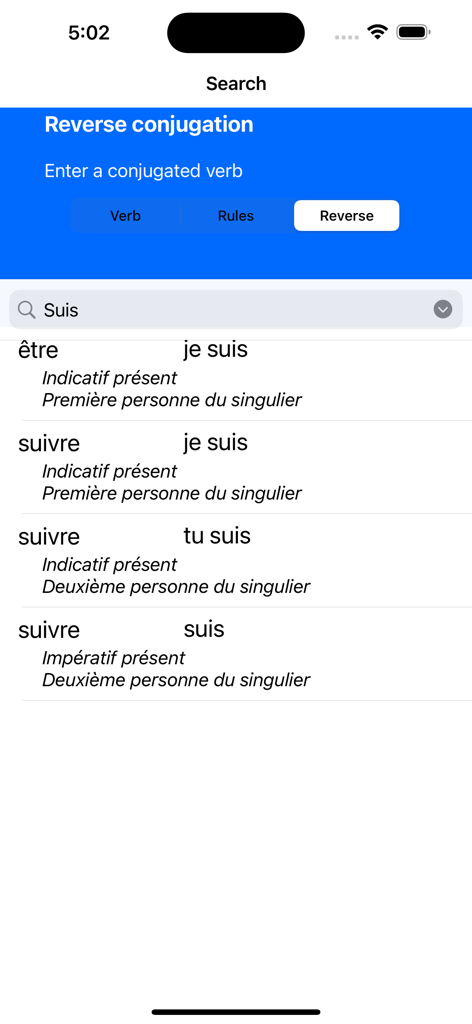 Le Conjugueur - A screenshot of the reverse conjugation feature in the Le Conjugueur mobile app
