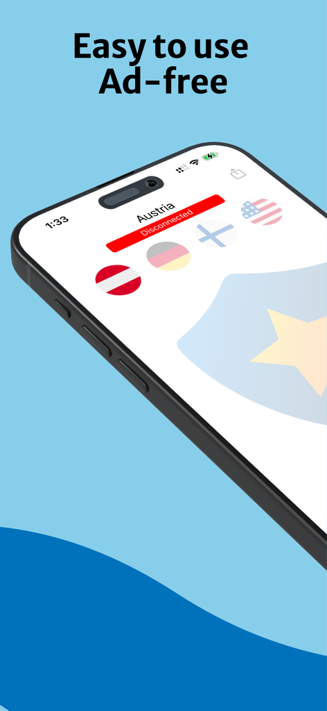 Interfaz de la aplicación Astra VPN en un iPhone que muestra funciones sin anuncios y fáciles de usar con varias opciones de servidores de países
