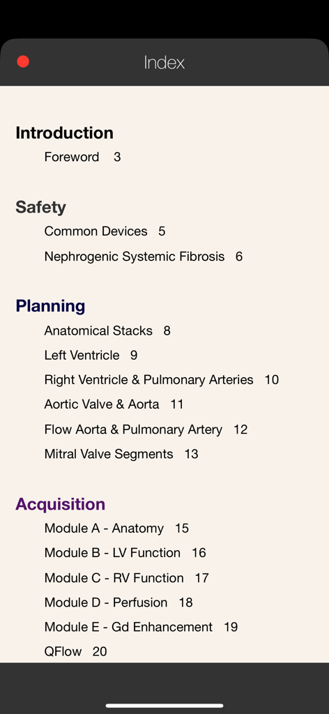 CMR Pocket Guide - CMRポケットガイドアプリの目次。安全性、計画、取得の各章が表示されています。
