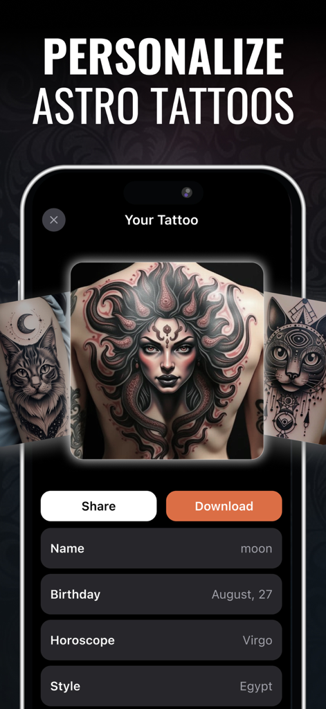 Tattoo Generator - AI Tattoo - Schermata dell'app AI tattoo generator che mostra un design astrologico personalizzato basato sulle preferenze dell'oroscopo e dello stile