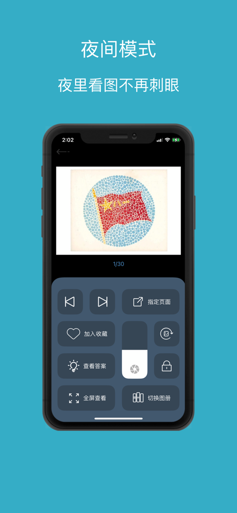色盲色弱自检 - iPhone interface showing a color vision test plate featuring a red flag on a blue dotted background in night mode