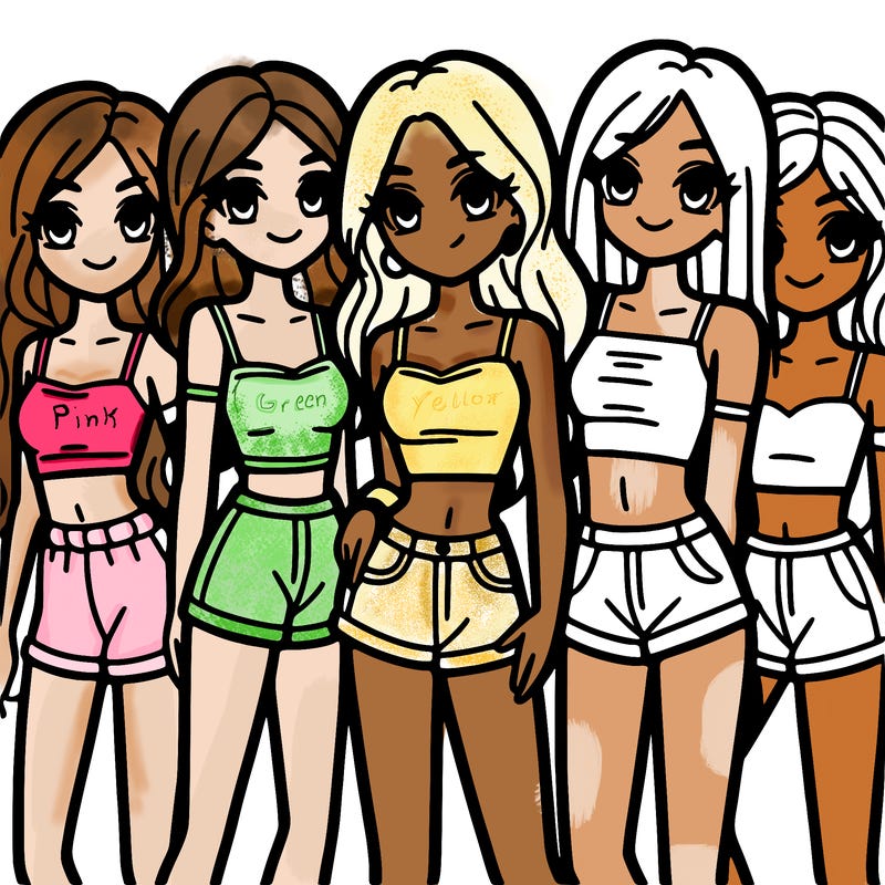 a group of girls wearing crop tops and shorts