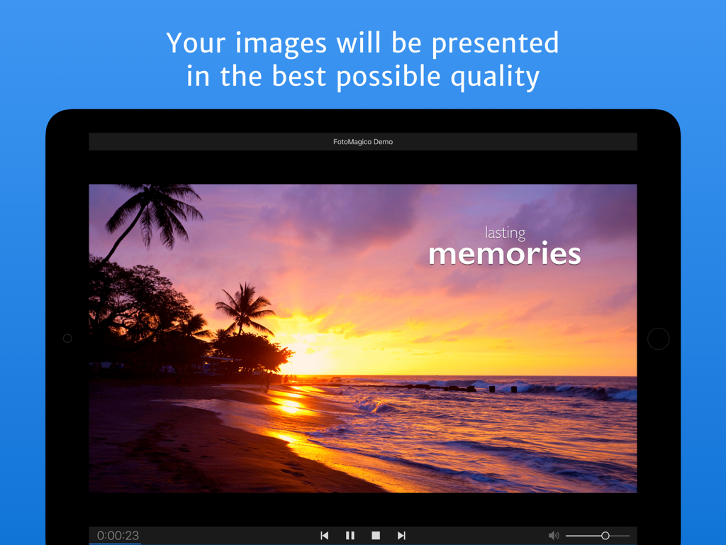 FotoMagico for iPad - iPad上のFotoMagicoアプリ。映画のようなテキストが入った高品質な夕焼けのスライドショーを表示しています。