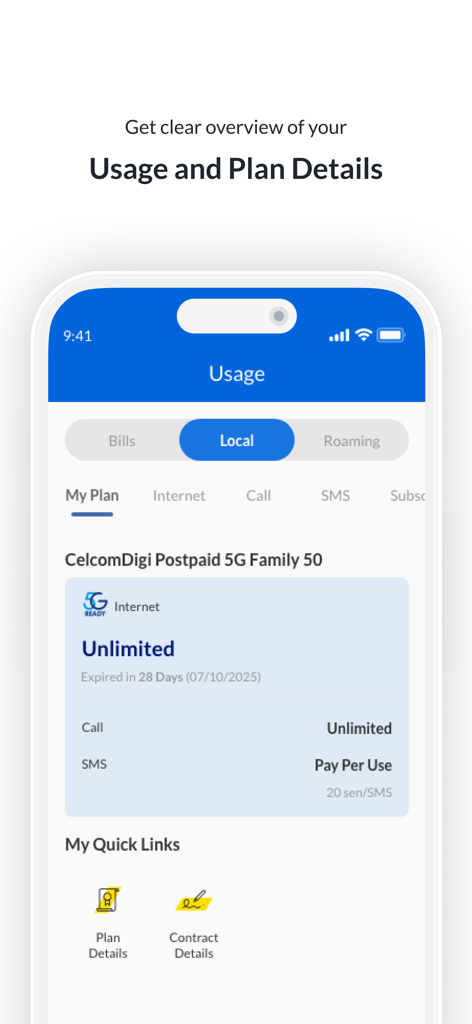 Celcom Life - Celcom Lifeアプリの画面。無制限のインターネットと通話を含む、使用量とプランの詳細が表示されています