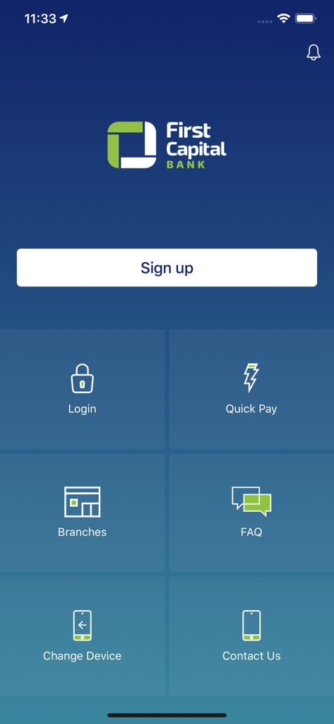 First Capital Bank App - First Capital Bank mobile app home screen with login and quick pay options
