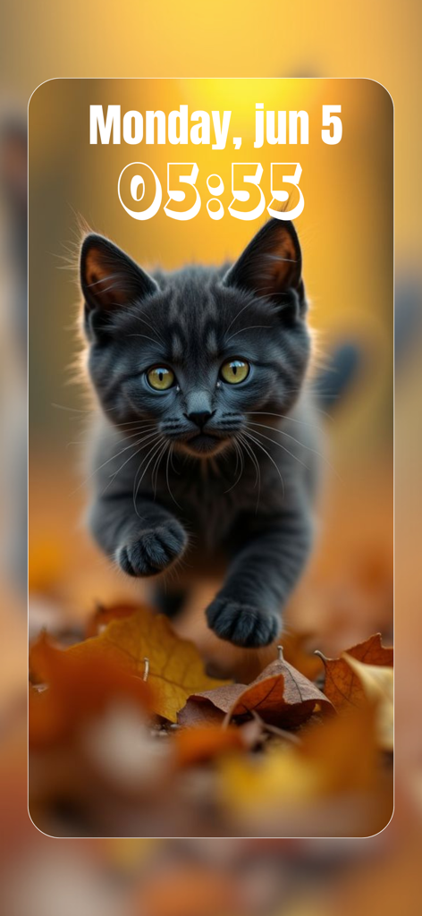 Un adorable gatito negro corriendo entre hojas de otoño naranjas en un fondo de pantalla de iPhone