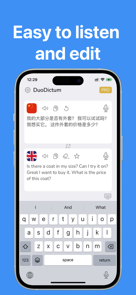 Real Time Language Translator - Interface móvel DuoDictum mostrando tradução e edição de texto em tempo real de chinês para inglês