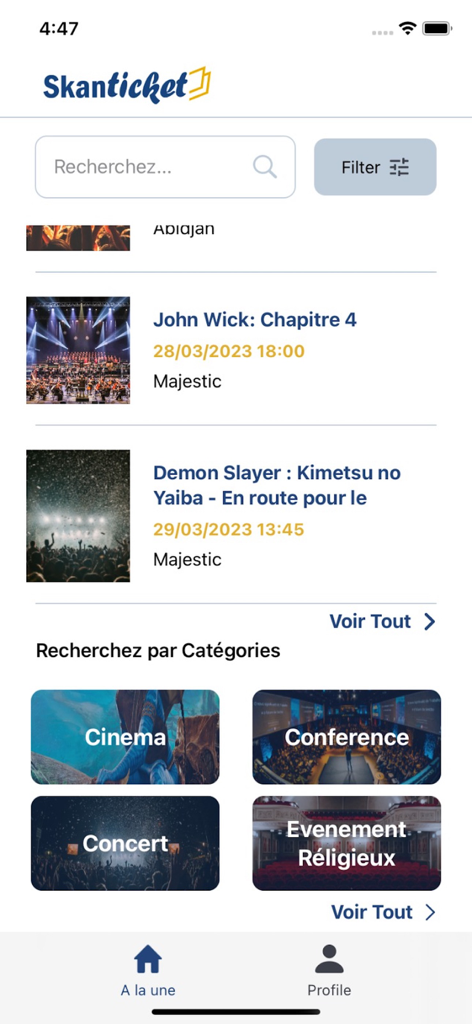 Mobile app interface for SkanTicket showing upcoming movie events and search categories like Cinema and Concert