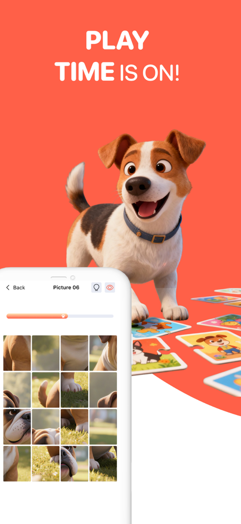Pantalla de la aplicación smartphone mostrando un rompecabezas con temática de perros junto a un perro de dibujos animados feliz en la aplicación Dog Translator.