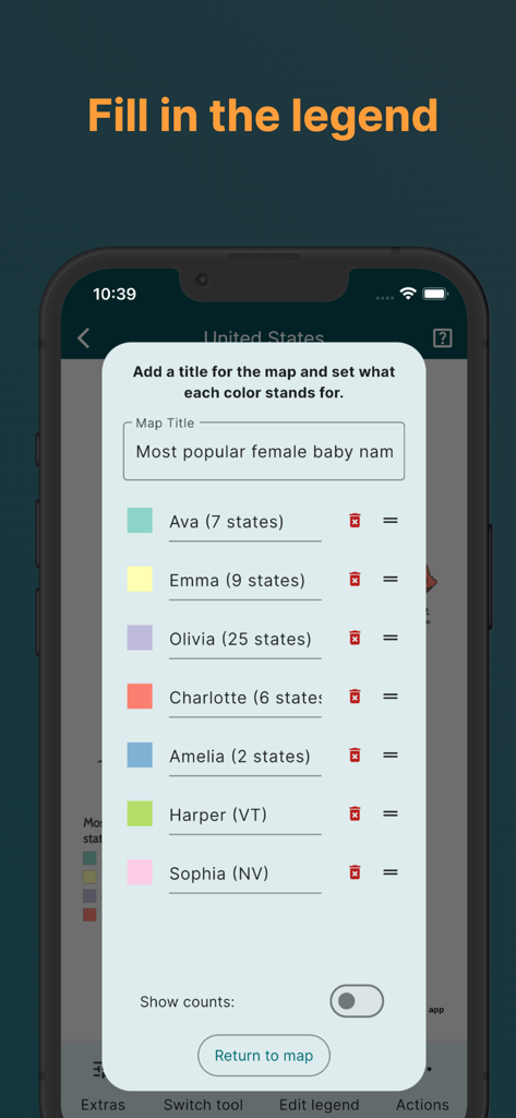 A screenshot of the MapChart app showing the legend editor with color coded labels for map data