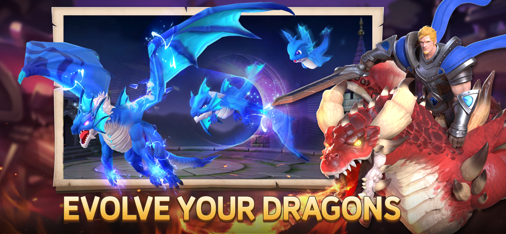 Dragon Siege: Kingdom Conquest - Un caballero rubio montando un dragón rojo junto a un dragón azul en evolución en un entorno de fantasía.