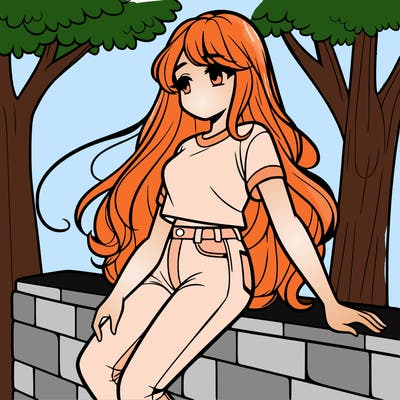 a girl with long hair with a tshirt and jeans on leaning on a wall looking at a tree