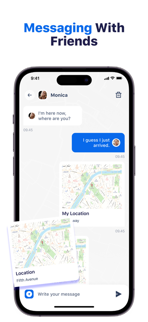 Interfaz de la aplicación LocaTracker que muestra mensajería en tiempo real y uso compartido de ubicación entre usuarios.