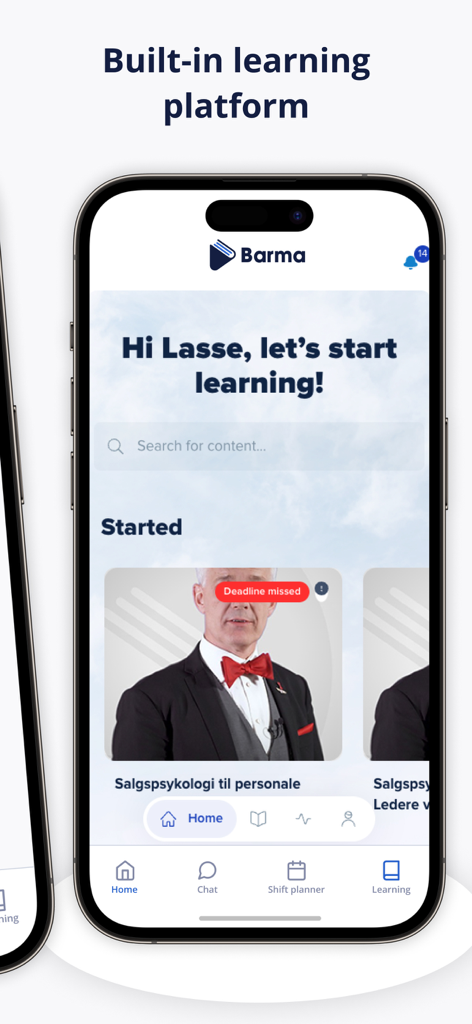 Barma - Interface of the Barma mobile app showing the built-in learning platform for hospitality employee training modules