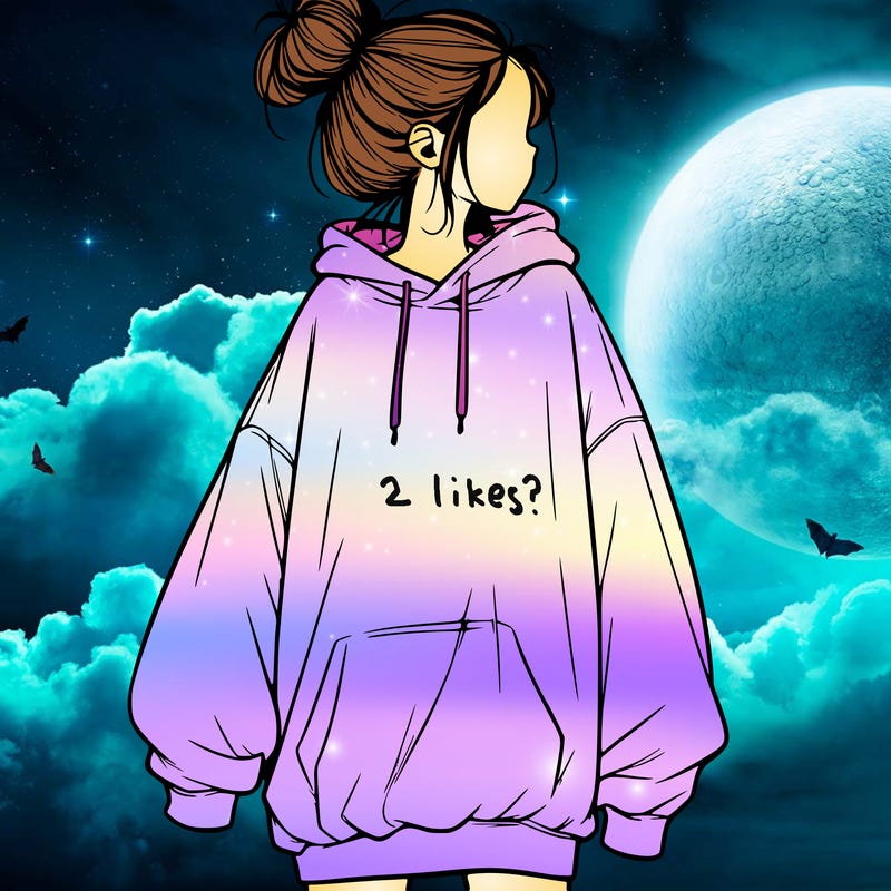 realistic girl with a oversized sweatshirt on and a bun