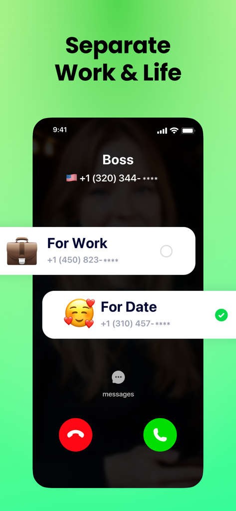2nd Phone: SMS, Call, Verify - A screenshot of the 2nd Phone app showing how to manage separate numbers for work and personal life on one device