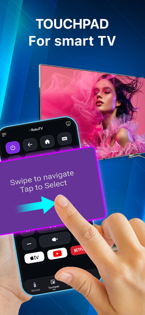 A hand using the touchpad navigation feature on a smartphone to control a smart TV