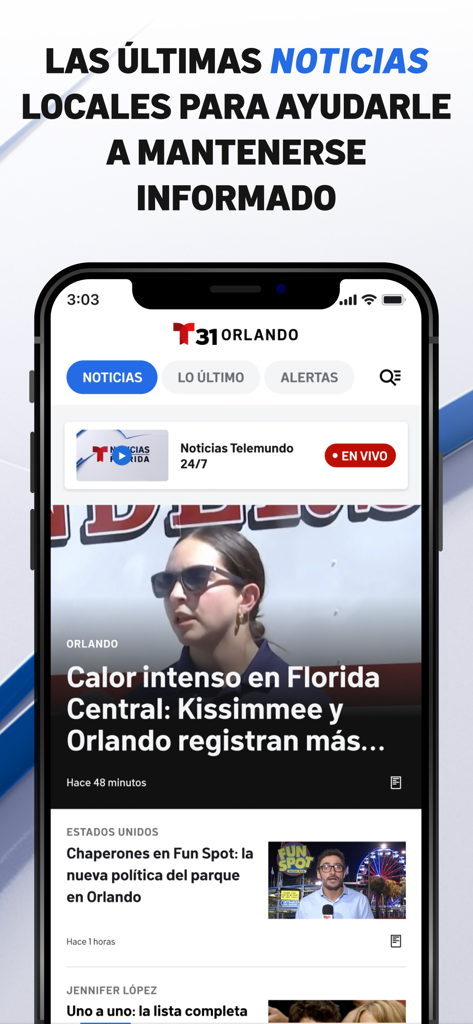 Telemundo 31 Orlando news app showing local Florida headlines and live broadcast