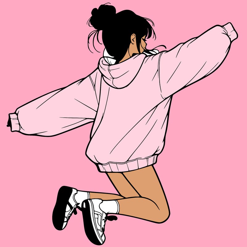 realistic girl jumping with a bun and oversized sweatshirt