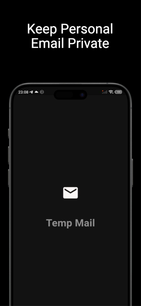 Uma tela de iPhone exibindo o logotipo do aplicativo Temp Mail com o título Mantenha seu E-mail Pessoal Privado.