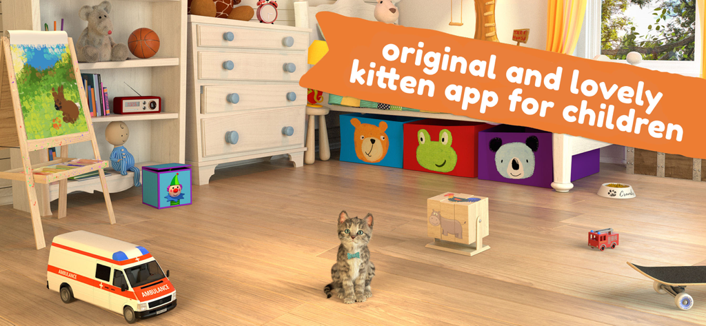 A realistic 3D kitten sitting in a playroom filled with colorful toys and children's furniture