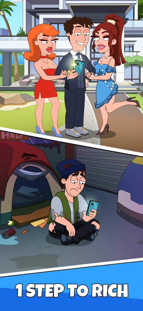 A comparison showing the life simulator progression from a poor homeless man to a wealthy billionaire with a mansion and luxury lifestyle.