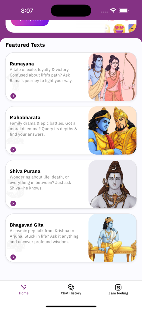 Mobile app screen showing a list of featured ancient Indian texts including Ramayana Mahabharata Shiva Purana and Bhagavad Gita with artistic illustrations