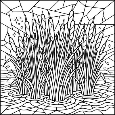 Discover the serene beauty of a wetland marsh with this unique stained glass cattails coloring page. Each bold line and angular segment invites you to bring this natural scene to life with your favorite colors.