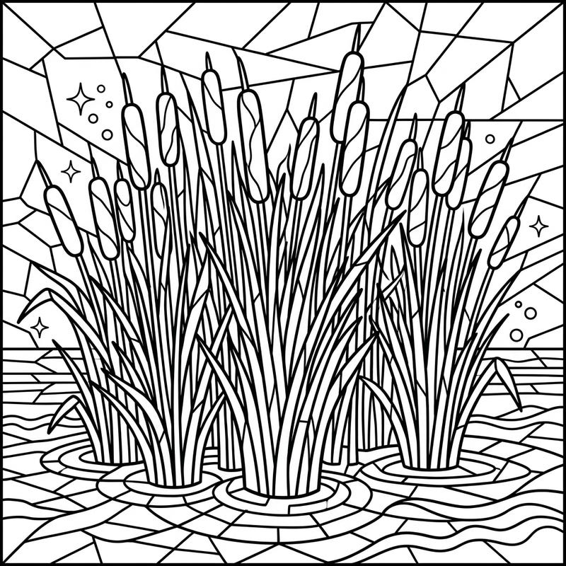 Discover the serene beauty of a wetland marsh with this unique stained glass cattails coloring page. Each bold line and angular segment invites you to bring this natural scene to life with your favorite colors.